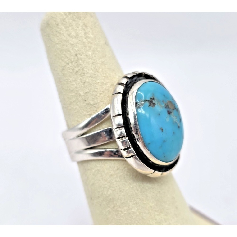 Genuine Navajo Blue Turquoise Ring Size 7 Sterling Silver 925 Oval Bevel Set NWT